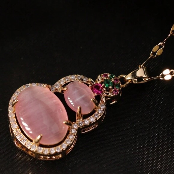 Gold Plated Pink, Red, And Colorful Cat's Eye Stone Gourd Chain Necklace - Picture 4 of 9